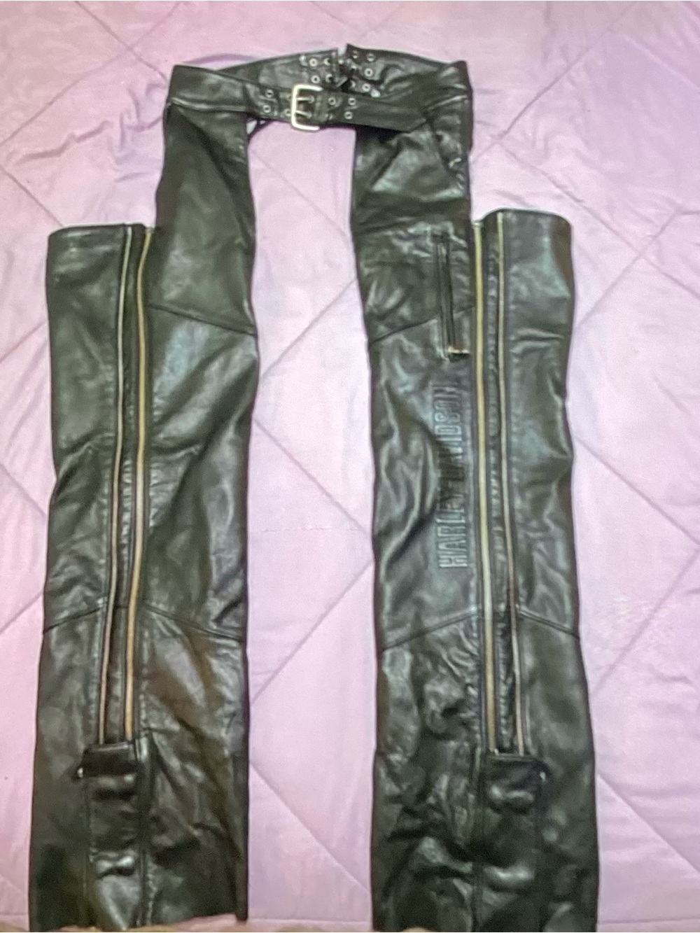 Harley-Davidson Black Leather Chaps with Zippers and Belt